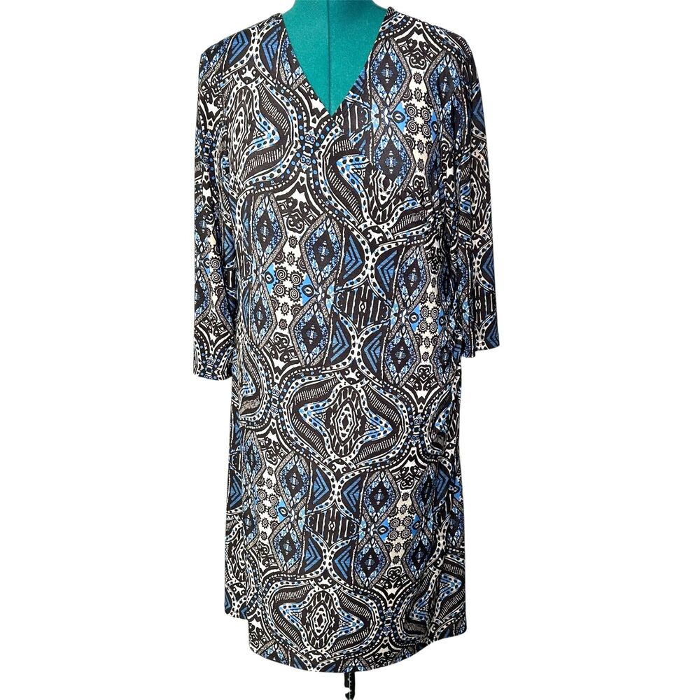 24seven Comfort Apparel blue patterned faux wrap dress 2X
